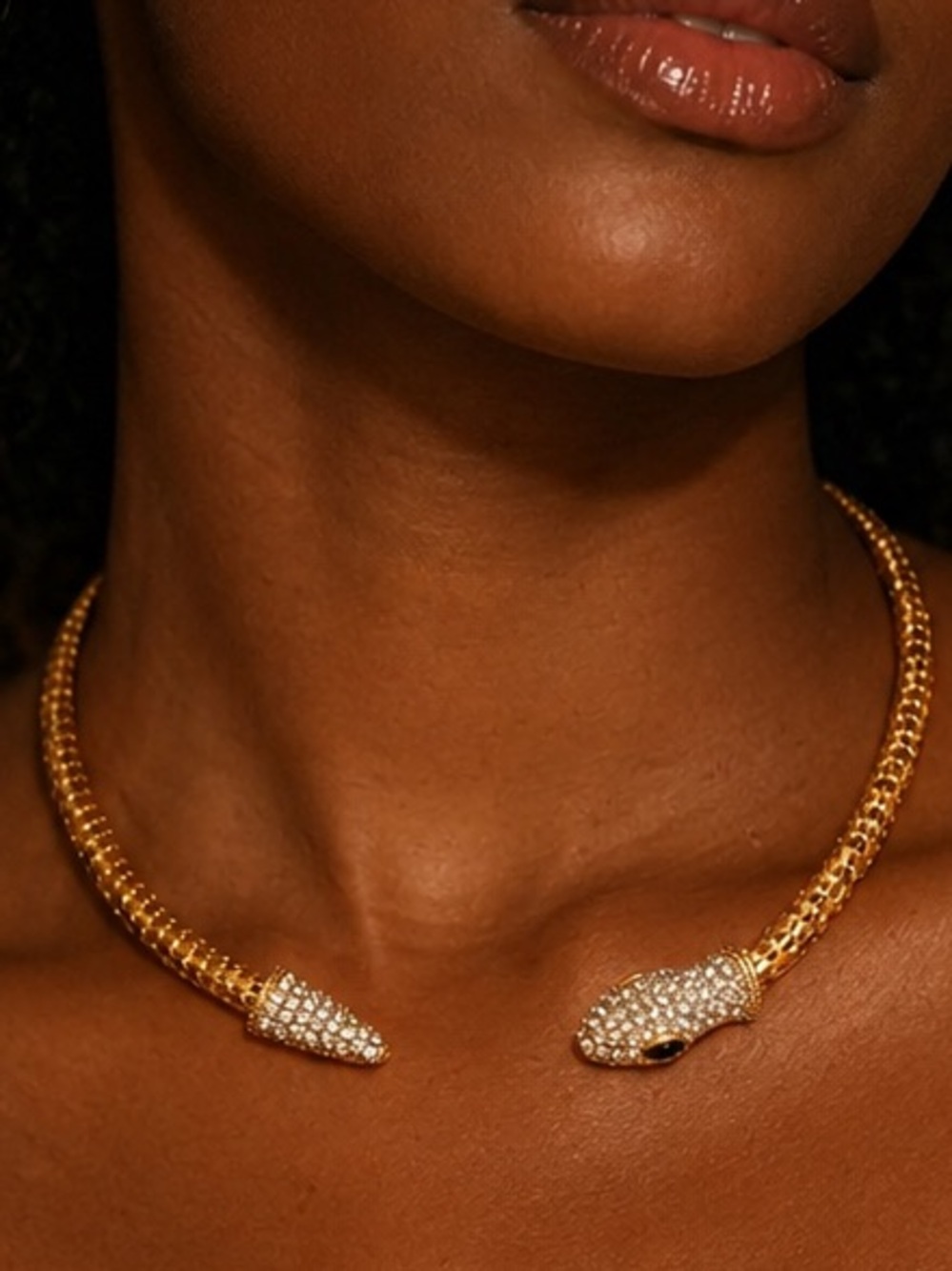 Gold Pavé Snake Head Collar Necklace - Women's Serpenti Style Jewelry